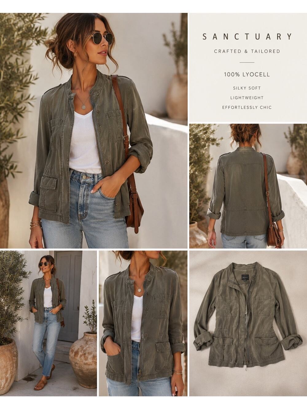 Sanctuary Lyocell Utility Jacket Olive Green Lightweight Military Cargo Jacket